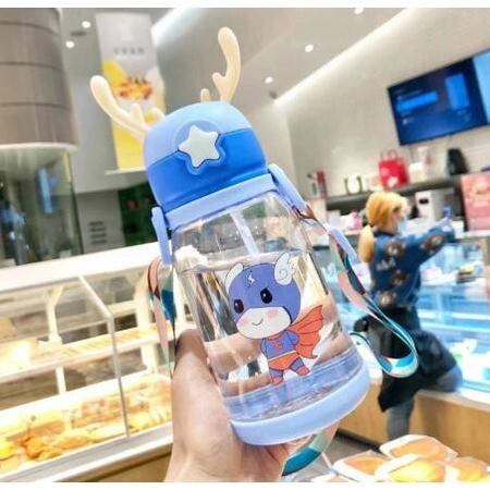 ECARLA bidon dzieciecy ze slomką 600ml Niebieski z Różkami BD30N