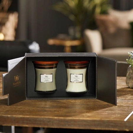 WOODWICK zestaw prezentowy 2 średnie świece Linen, Fireside 2x275g