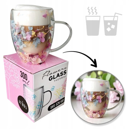 ECARLA szklanka termiczna z podwójnym dnem z hortensją w środku 300ml SZK180