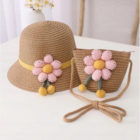 ECARLA kapelusik i torebka słomkowa, dziecięca Różowa Kwiatek CZ56