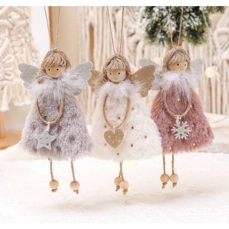 ECARLA ozdoba świąteczna na choinkę wiszący Aniołek z pluszu Szary ASN05SZ