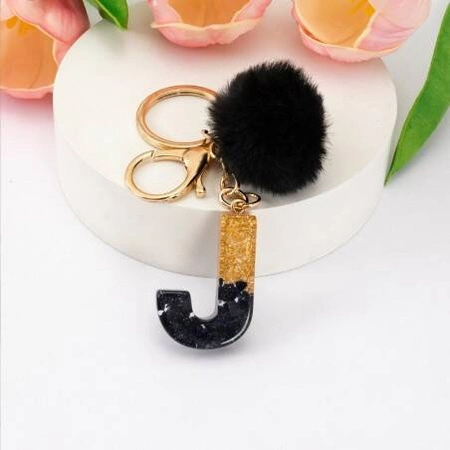 ECARLA brelok do kluczy LITERKA J Czarno Złota z pomponem BRL342J