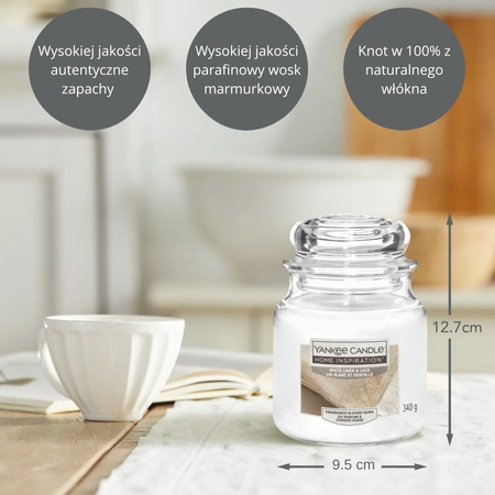 YANKEE CANDLE Home Inspiration Średnia świeca w słoiku WHITE LINEN & LACE 340g