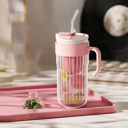ECARLA kubek z ryflowanego szkła z sitkiem i słomką 550ml Różowy CUP12R