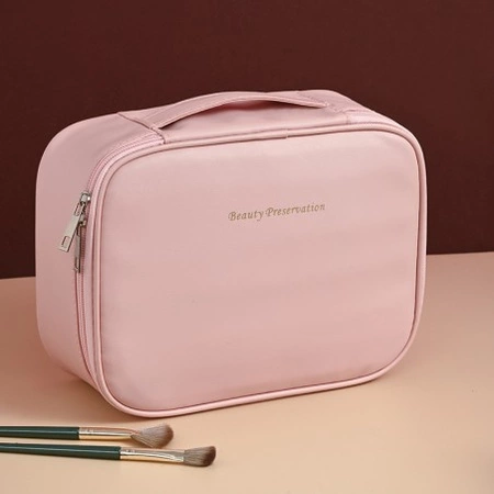 ECARLA kosmetyczka rozkładana, Kuferek z ekoskóry Różowy KS146R