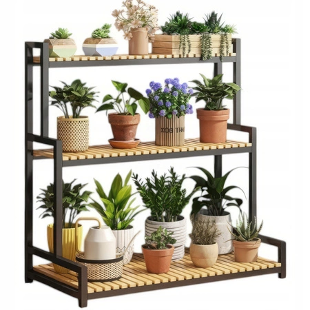 ECARLA Kwietnik regał na kwiaty trzypoziomowy 80x40x95cm Czarny SZ46CZ