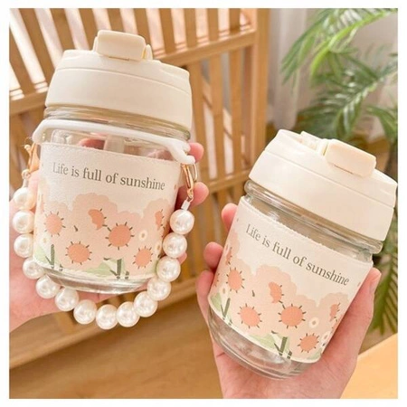 ECARLA bidon szklany z uchwytem i perełkami 350ml Sunshine SZK81