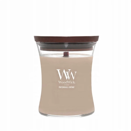 WOODWICK Pluswick średnia świeca w słoiku PATCHOULI CREME 275g