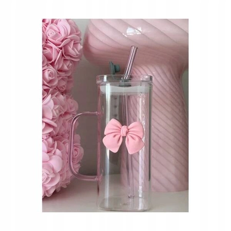 ECARLA szklanka prostokątna z kokardką z przykrywką i słomką 320ml SZK87