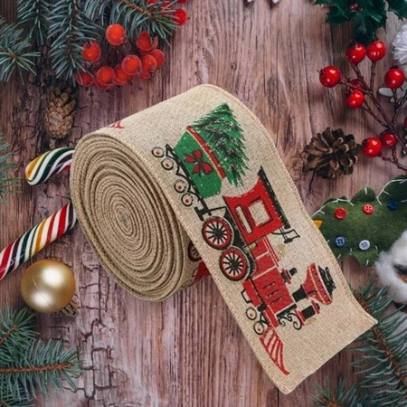 ECARLA taśma świąteczna wstążka 6,3cmx2m Beżowa z lokomotywą i choinką KSN138