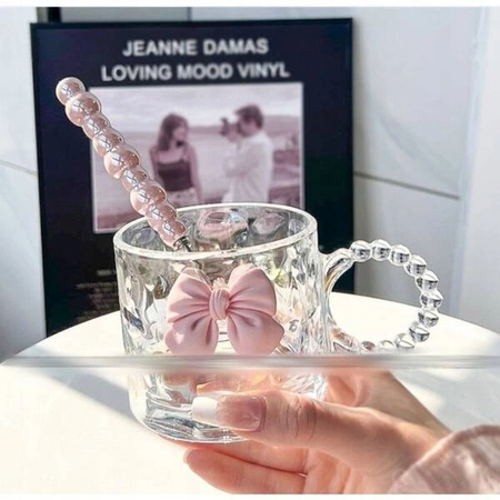 ECARLA szklanka z uchem opalizująca do kawy z Różową Kokardką SZK80 270ml