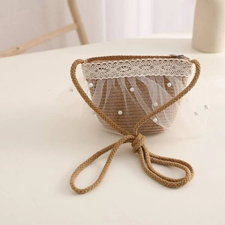 ECARLA kapelusik i torebka słomkowa, dziecięca Perełki, tiul 52cm CZ41