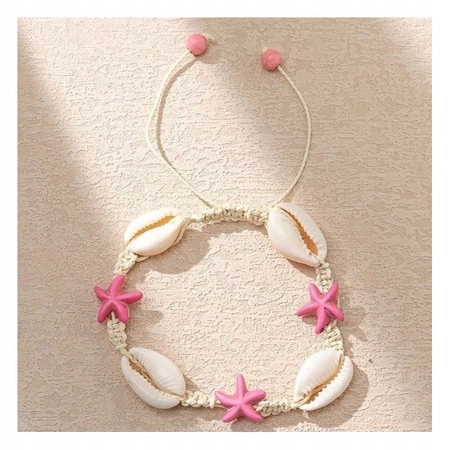 ECARLA bransoletka na stopę MUSZELKI ROZGWIAZDY na sznurku Róź B543R