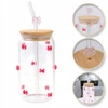 ECARLA szklanka z rurką i bambusową pokrywką 460ml Różowe Kokardki z cyrkoniami SZK135