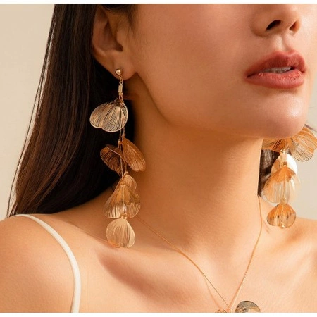 ECARLA kolczyki wiszące efektowne liście, kwiaty Złote K1678