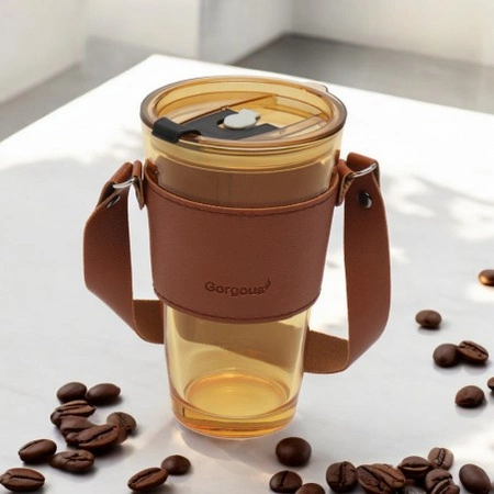 ECARLA kubek z kolorowego szkła ze słomką i zamknięciem 480ml Brązowy CUP09BR