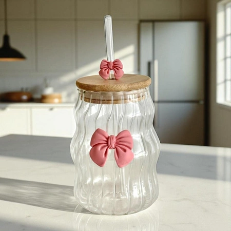 ECARLA szklanka szklanka z rurką i bambusową pokrywką 450ml falowana SZK183