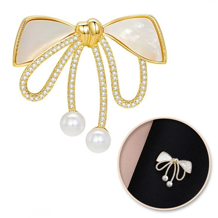 ECARLA broszka Kokardka złota masa perłowa i cyrkonie BZ197