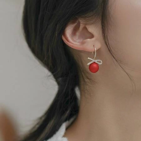 ECARLA kolczyki wiszące Czerwone Kule z kokardami, cyrkonie K1689