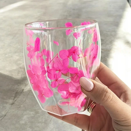 ECARLA szklanka termiczna z podwójnym dnem i hortensją 300ml Róż SZK90