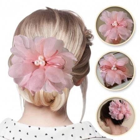 ECARLA klamra do włosów tiulowa z perełkami Kwiat Różowa SP323R