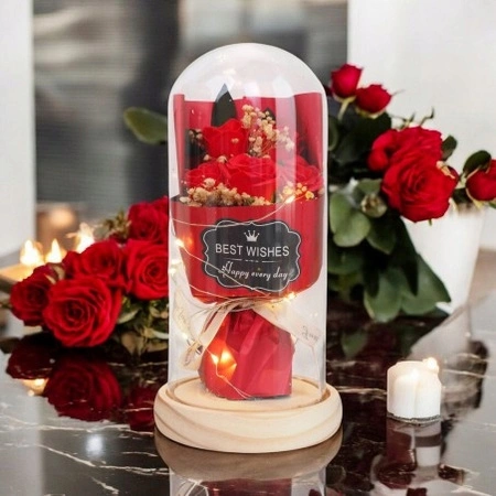 ECARLA bukiet kwiatów w szklanej kopule róże na prezent, świecące LED ROZ19