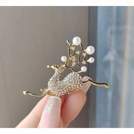 ECARLA broszka kryształowa Biały Jelonek z Perełkami BZ178