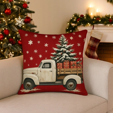 ECARLA Zima Świąteczna poszewka na poduszkę Boho 45x45 AUTO Z CHOINKĄ POD246