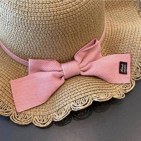 ECARLA kapelusik i torebka słomkowa, dziecięcaRóżowa kokarda 52cm CZ37