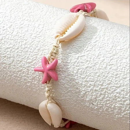 ECARLA bransoletka na stopę MUSZELKI ROZGWIAZDY na sznurku Róź B543R