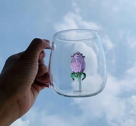 ECARLA szklanka z uchem różowym ze szklanym tulipanem w środku 400ml SZK129