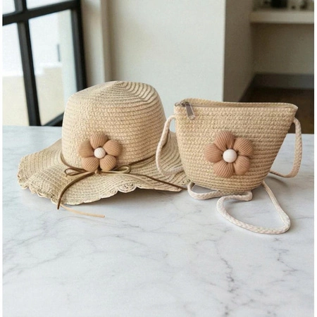 ECARLA kapelusik i torebka słomkowa, dziecięca Beżowy Kwiatek CZ55