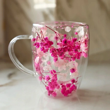 ECARLA szklanka termiczna z podwójnym dnem z gipsówką i hortensją w środku 300ml SZK149