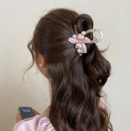 ECARLA spinka do włosów Kokarda i perłowe Srca 8x6cm Róż SP372