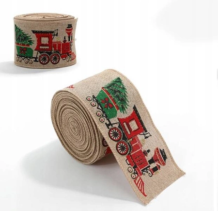 ECARLA taśma świąteczna wstążka 6,3cmx2m Beżowa z samochodzikami i choinkami KSN139