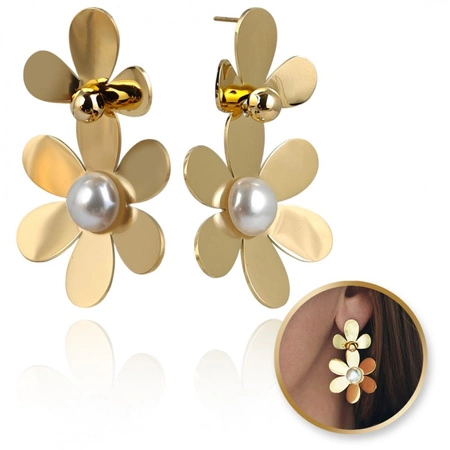 ECARLA kolczyki ze stali szlachetnej platerowane 14k Kwiaty z perełką KST3381