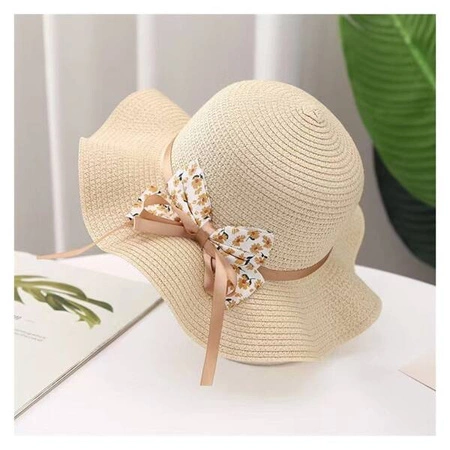 ECARLA kapelusik i torebka słomkowa, dziecięca Kokarda beżowa 52cm CZ42