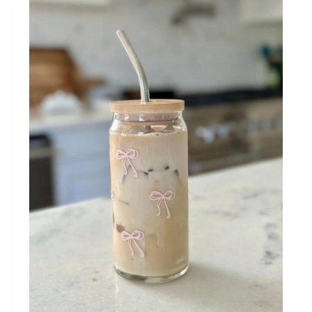 ECARLA szklanka z rurką i bambusową pokrywką 500ml Różowe Kokardki SZK131