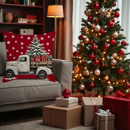 ECARLA Zima Świąteczna poszewka na poduszkę Boho 45x45 AUTO Z CHOINKĄ POD246