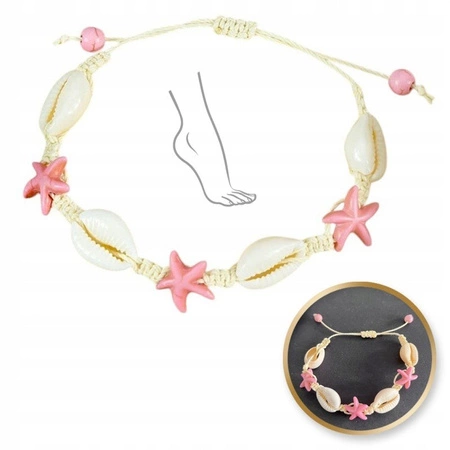 ECARLA bransoletka na stopę MUSZELKI ROZGWIAZDY na sznurku Róź B543R