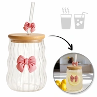 ECARLA szklanka szklanka z rurką i bambusową pokrywką 450ml falowana SZK183