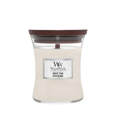 WOODWICK PlusWick średnia świeca w słoiku White Teak 275g